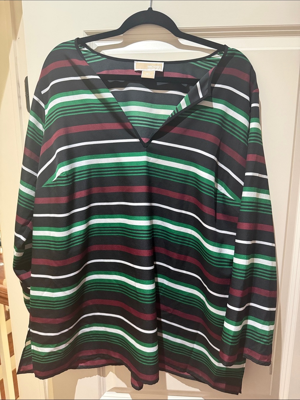 Michael Kors Black, Green & Burgundy Striped V-Neck Tunic